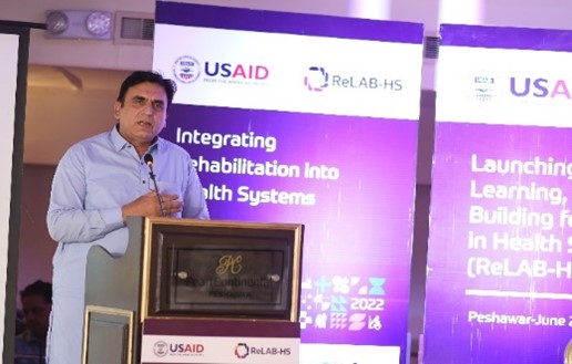 Dr. Irfan Ullah, District Health Officer Swat, speaks at the ReLAB-HS launch event in Peshawar.