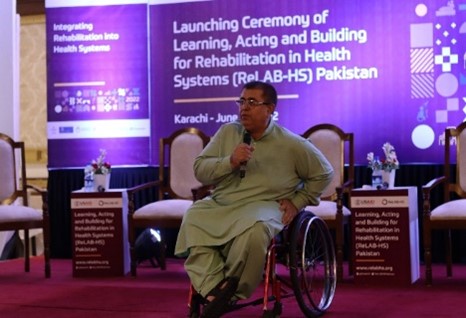 Dr. Ghulam Nabi Nizamani, the Director General of Department for Persons with Disabilities, speaks at the ReLAB-HS launch event in Karachi.