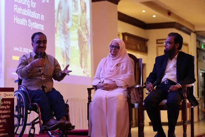 avid Rais, (left) Disabled Welfare Association, speaks during a panel discussion at the ReLAB-HS launch in Karachi, Sindh. The two other panelists pictured are Dr. Sumaira Farooqui, professor at Principle College of Rehabilitation Sciences Ziauddin University Karachi and Dr. Syed Imran Ahmed, Sindh Institute of Physical Medicine and Rehabilitation deputy executive director.